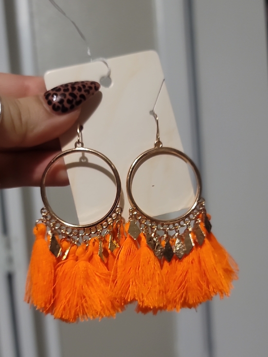 Jewelry - Boho Gold Hoop Earrings with Orange Tassels